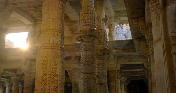 Interior of Beautiful Ranakpur Jain Temple or Chaturmukha Dharana Vihara Mandir in Ranakpur