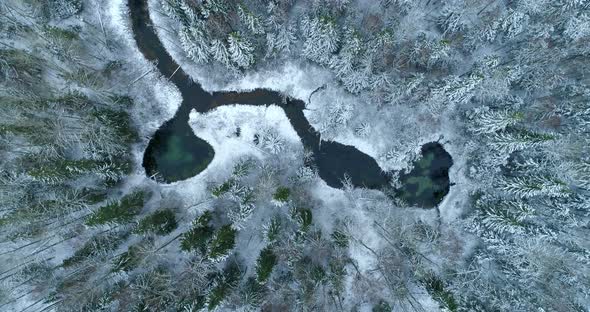 Spring Water Lake and River in Snowy Forest in Winter Aerial View