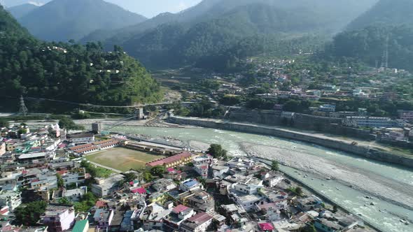 City of Uttarkashi in the state of Uttarakhand in India seen from the sky
