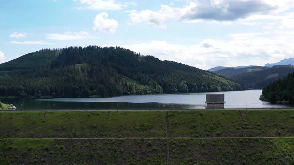 Aerial view of a water reservoir in the village of Nova Bystrica in Slovakia