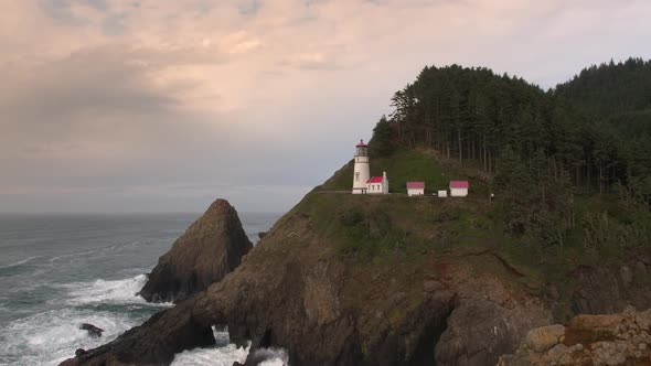 Aerial view of ocean and cliffs at Heceta Head Lighthouse