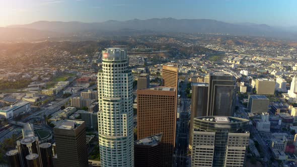 Cinematic urban aerial time lapse of downtown Los Angeles skyline.
