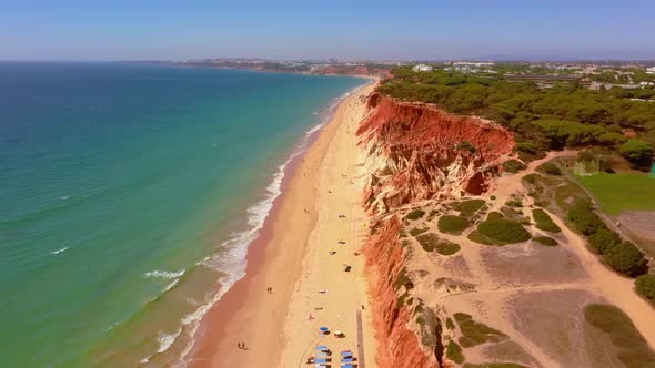 Drone flight over unique Praia de Falesia in Algarve region in Portugal