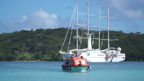 The exterior of a sailing cruise ship in French Polynesia.