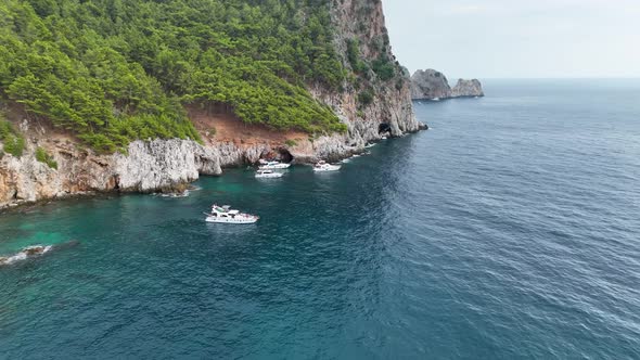 A large yacht stands at sea aerial view 4 K