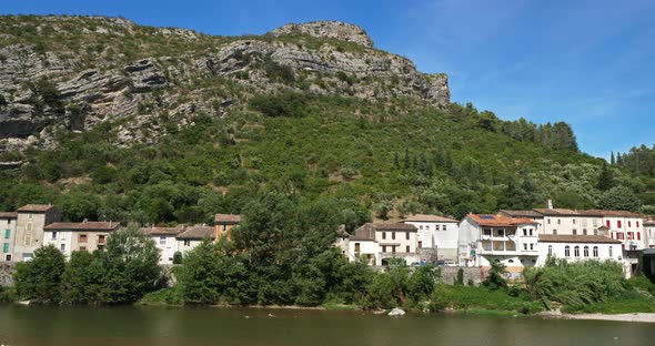 Anduze, Gard, Occitanie, France. The river Gardon in front of the city