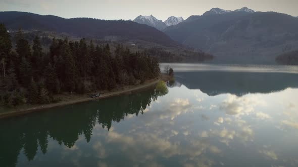 Aerial view of the Plastiras Lake also called Tavropos Reservoir on a cloudy day