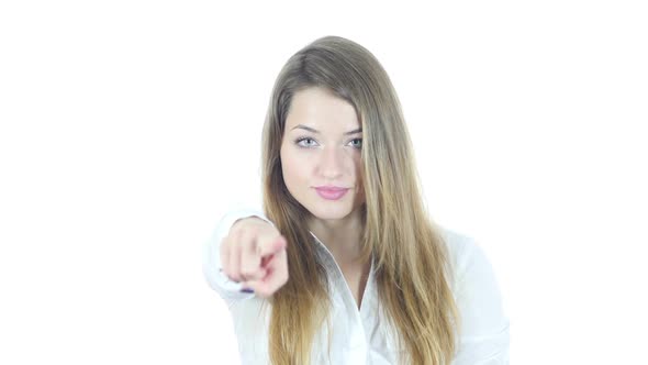 Woman Pointing At Camera, White Background