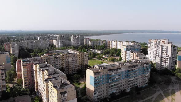 Aerial Panorama of Dwelling Blocks of Multistory Buildings Near Nature and River