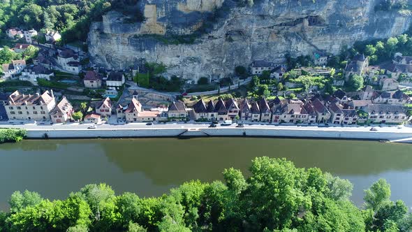 Village of La Roque-Gageac in Perigord in France seen from the sky