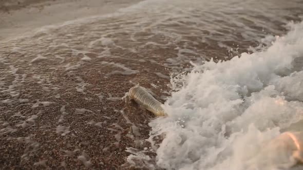 Sea Waves Brought Waste Plastic Trash to the Sandy Coast