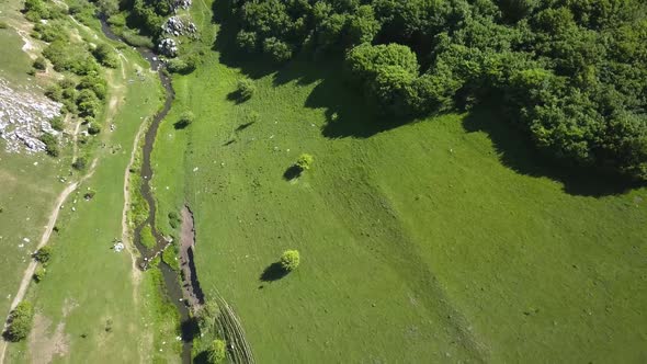 Beautiful aerial view of the Hesdate River flowing out of the Turda Gorge. Green meadow along the ri