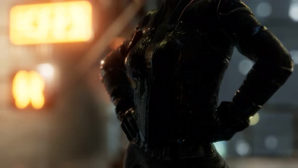 Futuristic Cyberpunk Style Young Woman with Neon Bokeh Lights alt