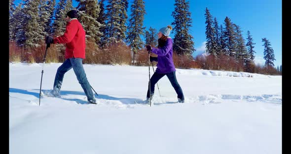 Skier couple walking on snowy landscape