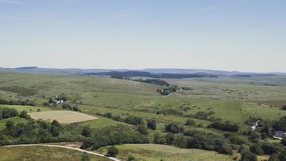 Drone flying and view far away on Dartmoor in Devon.