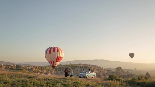 Hot Air Balloons In Flight. Panoramic View. Lovely Valley