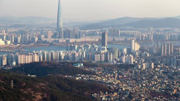 Timelapse Famous Lotte World Tower of Seoul at Blue River