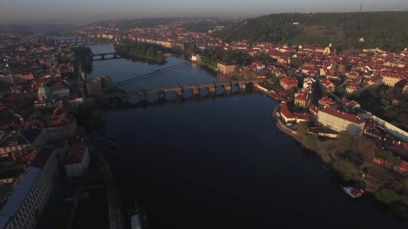 Prague panorama with Vltava river, aerial view