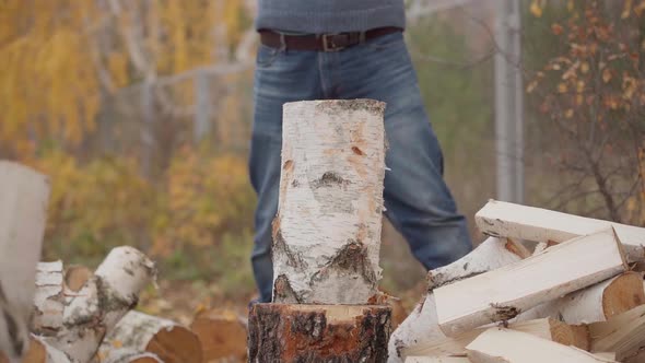 A man is chopping birch stumps on a drop, a close-up of slow motion
