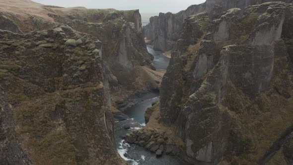 Incredible Fjadrargljufur Canyon, Iceland. Aerial tilt-down