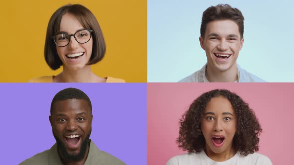 Collage of Young Happy Multiethnic Men and Women Laughing Over Colorful Background Expressing