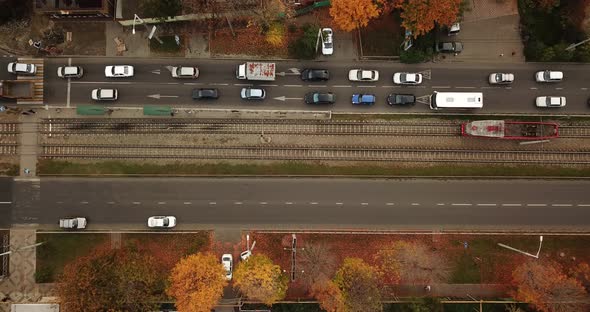 Top Down Drone Point of View - Steet City Road Intersection in Autumn Time