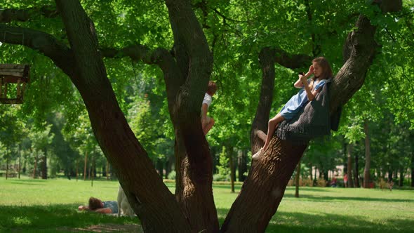 Joyful Children Sitting Tree on Picnic