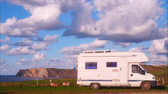 Caravan on Sea Coast, Asturias Spain. Timelapse