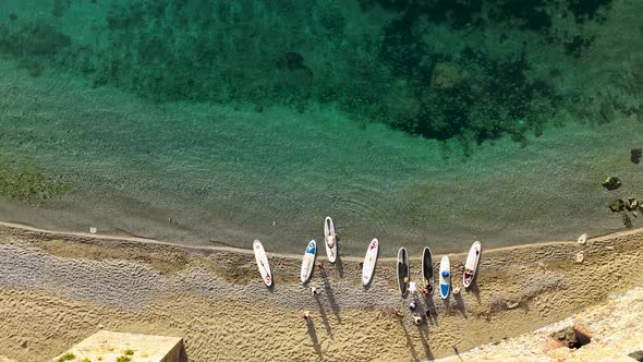 Sup surfing group aerial view 4 K Turkey Alanya