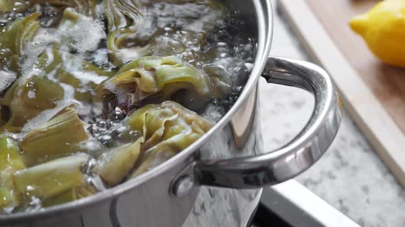 Boiling Artichokes in Saucepan