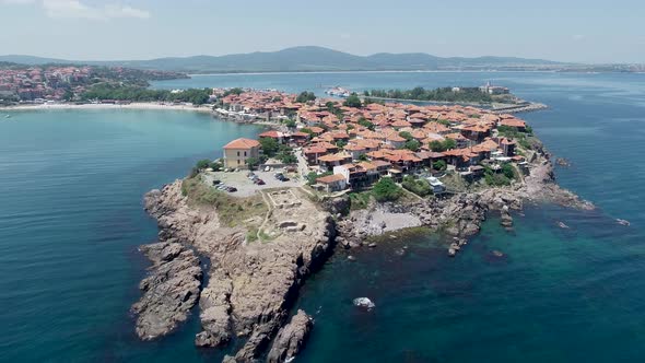 Aerial view of the old town of Sozopol. Sozopol is an ancient seaside town near Burgas, Bulgaria