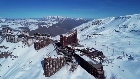 Panoramic view of Ski station centre resort at snowy Andes Mountains.