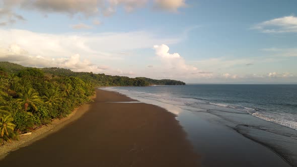 Drone, Wide Shot, Moving round, across sandy beach with tranquil waves trees