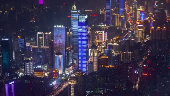 Shenzhen China Urban Cityscape Aerial Skyline Panorama Timelapse at Night Pan Up