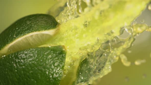 Fresh Lime Fruit Squirting with Juice in Slow Motion in Green Nature Background