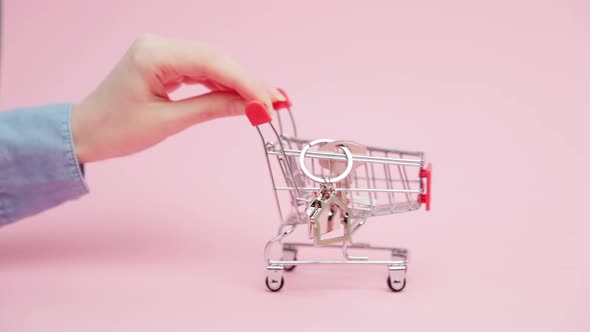 Close-up of a female's hand in shirt push a toy-cart with new keys with a metal keychain house.