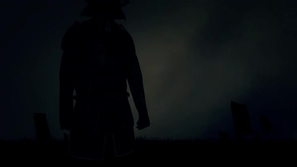 Epic Samurai Warrior Wearing A Full Body Armor Standing Under A Storm
