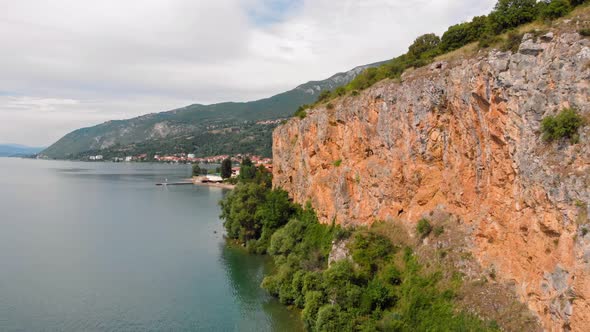 Aerial shot of Macedonia coast. Clif and beautiful water around Pesztani anf Gradiste at Ohrid Lake