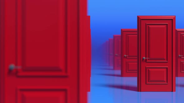 Rows of red wooden closed doors on a blue background