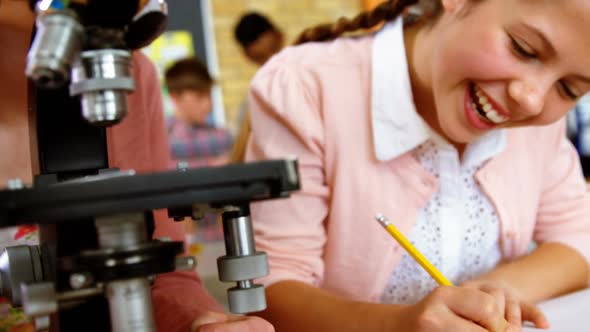 Attentive students looking through microscope in laboratory