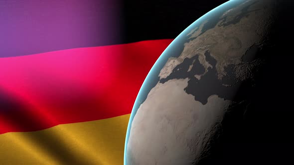Germany flag waving behind the earth rotating in space