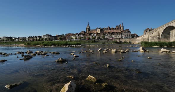 Gien, Loiret department, France. Low water level in the Loire river during a dryness season.