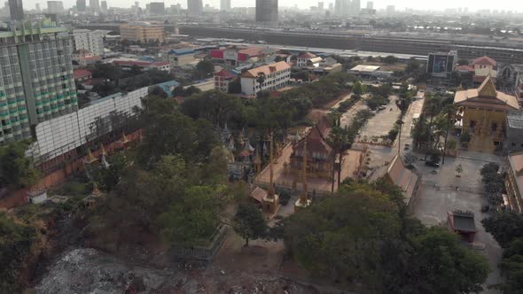 Kien Khleang Pagoda, Golden Temple, Phnom Penh, Cambodia. Aerial view 