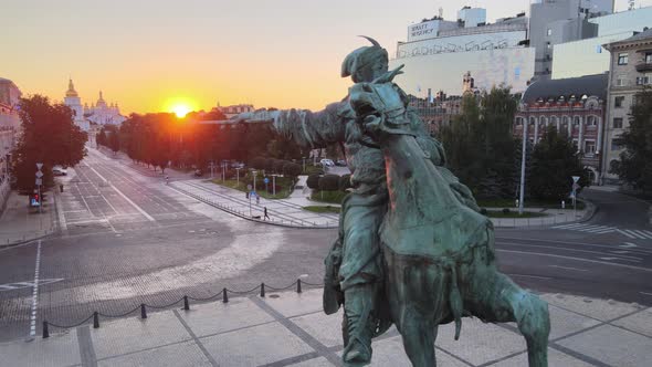 Kyiv, Ukraine: Monument To Bogdan Khmelnitsky in the Morning at Dawn. Aerial View.