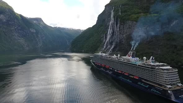 Geiranger Fjord And Cruiseship Slow Along