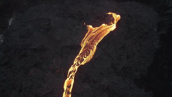 Drone Over Flowing River Of Molten Lava From Erupting Volcano