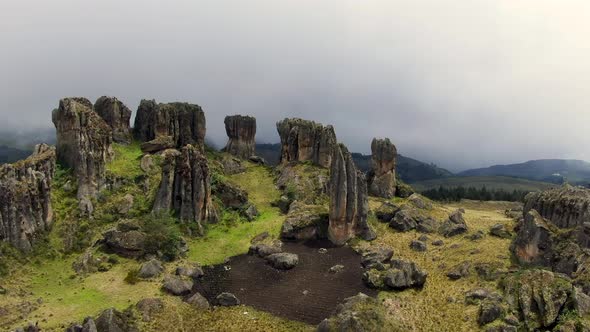Cloudy Sky Over The Pillars Of Los Frailones Inside The Cumbemayo In Cajamarca, Peru. aerial