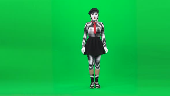 Mime Girl Smiling, Seducing, Calling Someone. Chroma Key. Full Length.