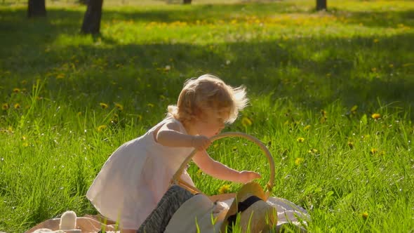 Cute Little Girl in a White Dress is Looking at Spaniel Dog Running on the Lawn