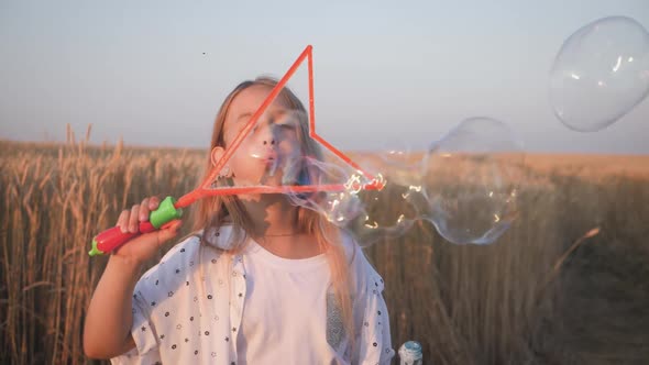 Little Girl Blowing Soap Bubbles in Wheat Field at Sunset Time. Slow Motion Video.